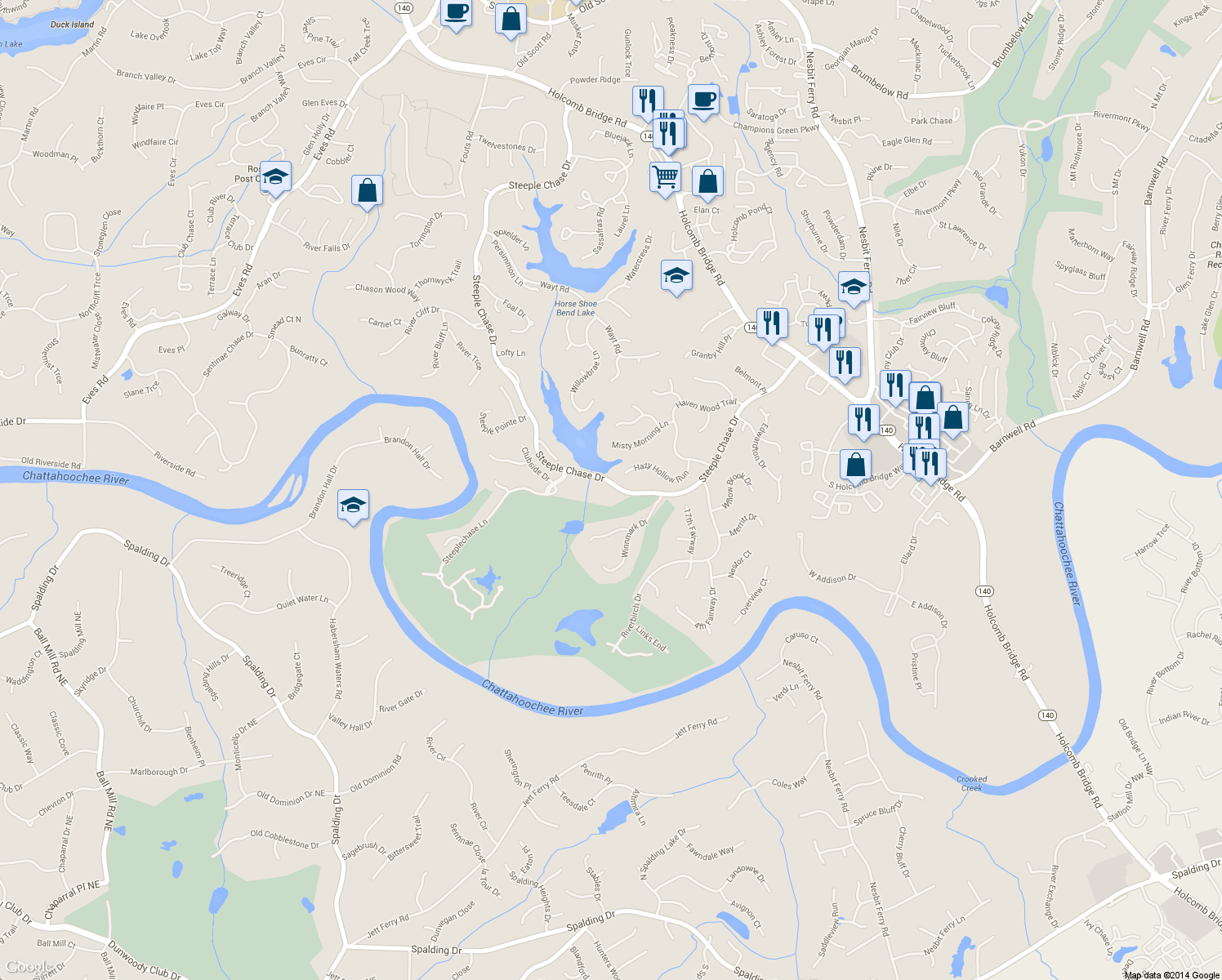 map of restaurants, bars, coffee shops, grocery stores, and more near 2505 Steeple Chase Drive in Roswell