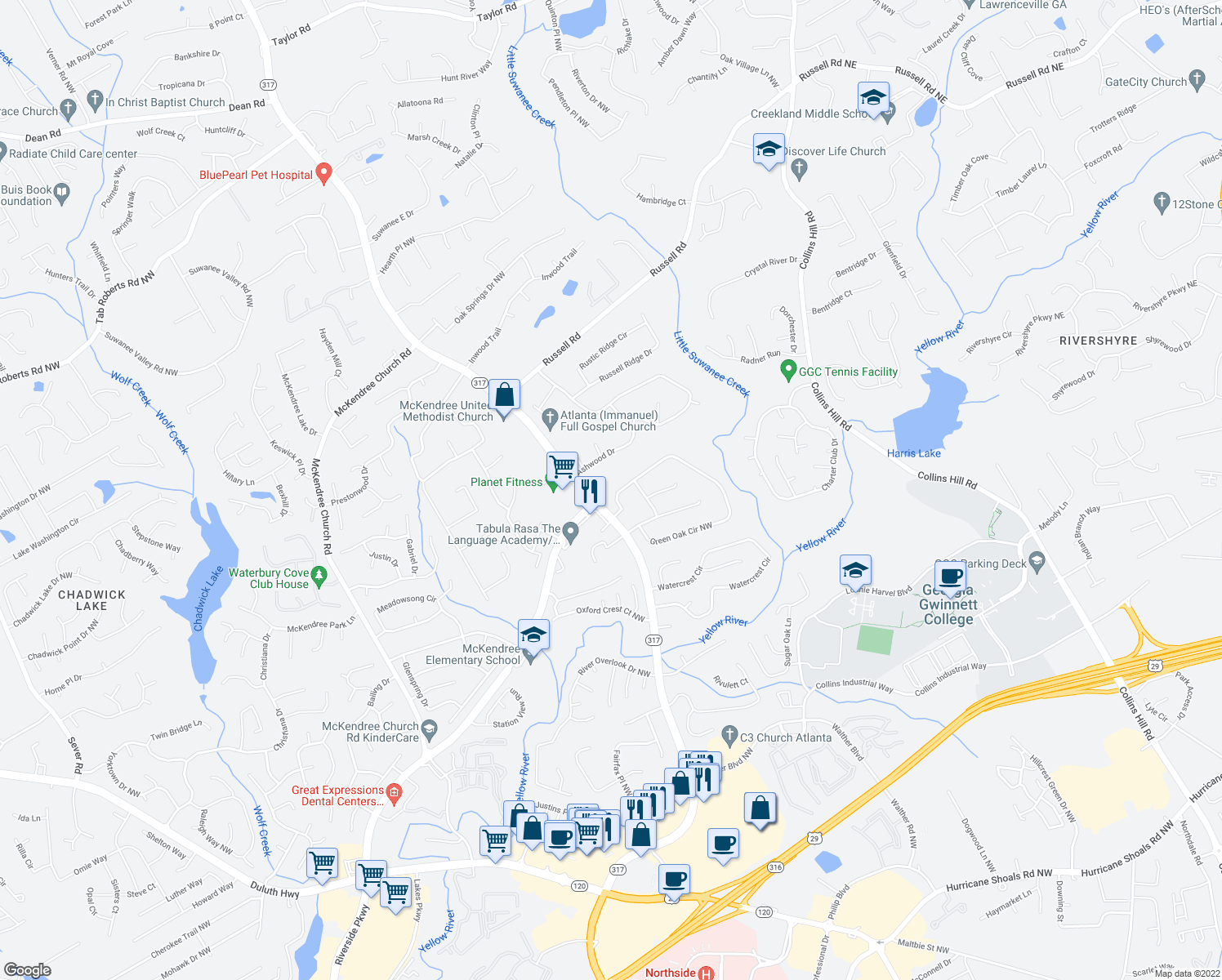 map of restaurants, bars, coffee shops, grocery stores, and more near 1831 Green Oak Circle Northwest in Lawrenceville