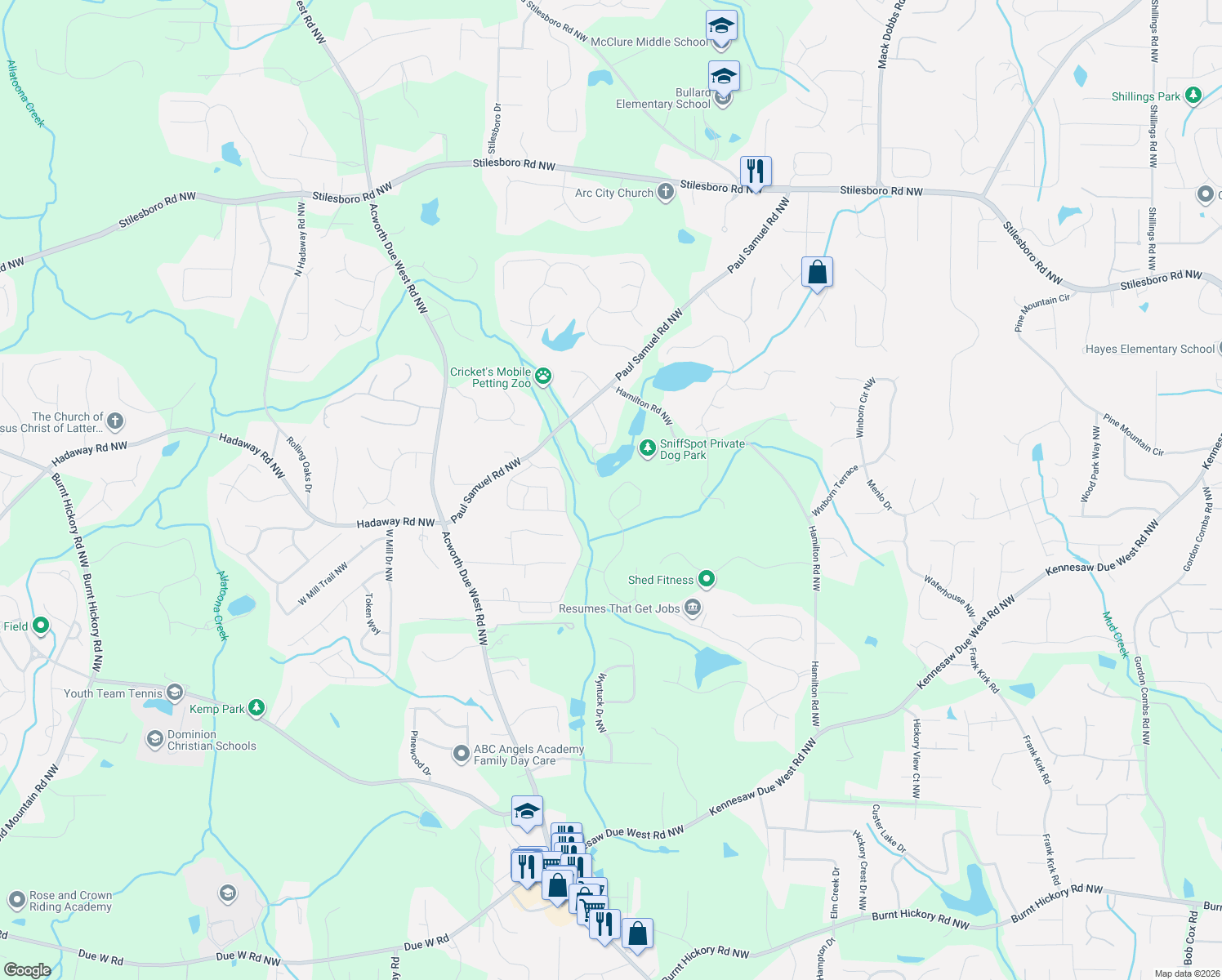 map of restaurants, bars, coffee shops, grocery stores, and more near 3949 Paul Samuel Road Northwest in Kennesaw