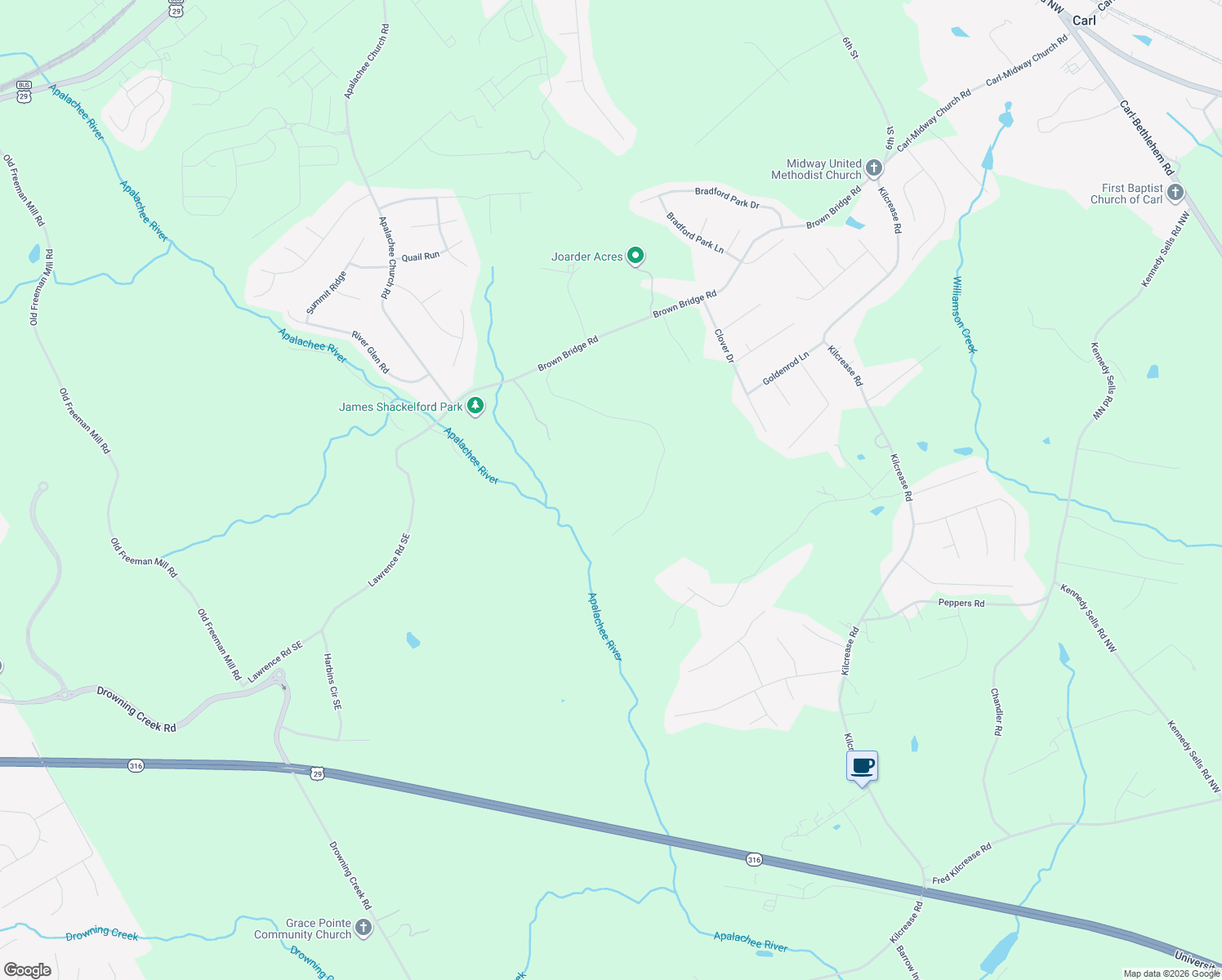 map of restaurants, bars, coffee shops, grocery stores, and more near 569 Apalachee Ridge Road in Auburn
