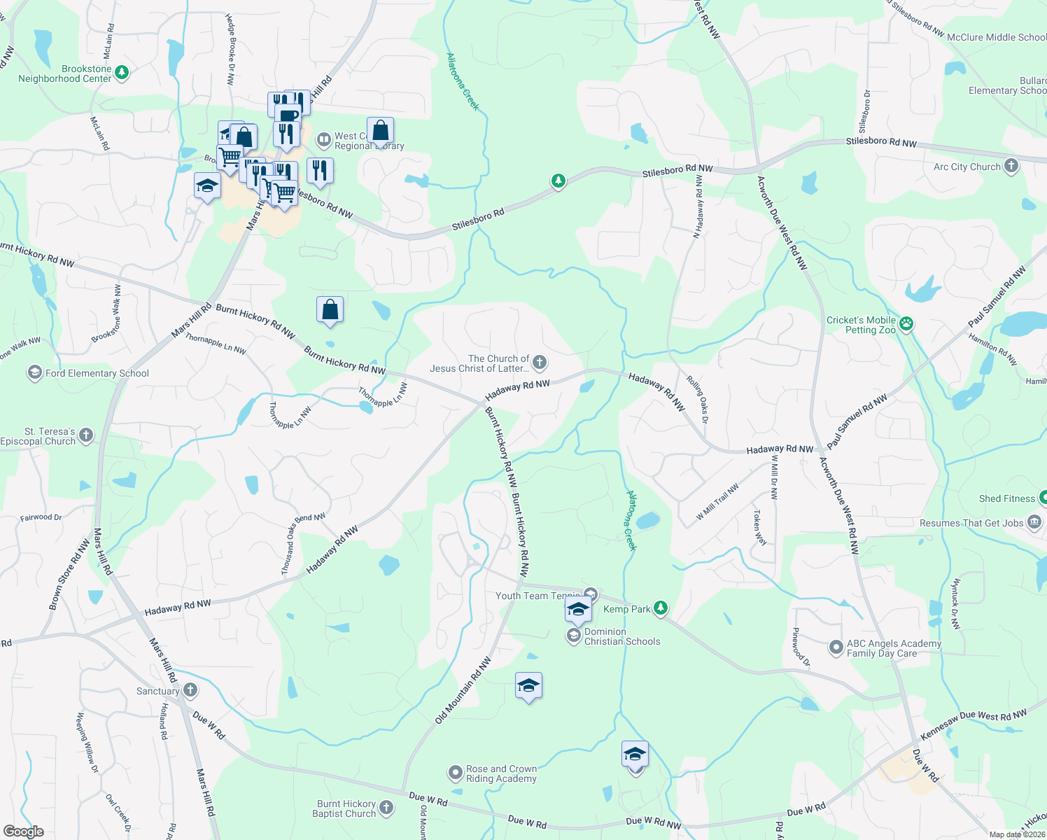 map of restaurants, bars, coffee shops, grocery stores, and more near 4876 Nellrose Dr NW in Kennesaw