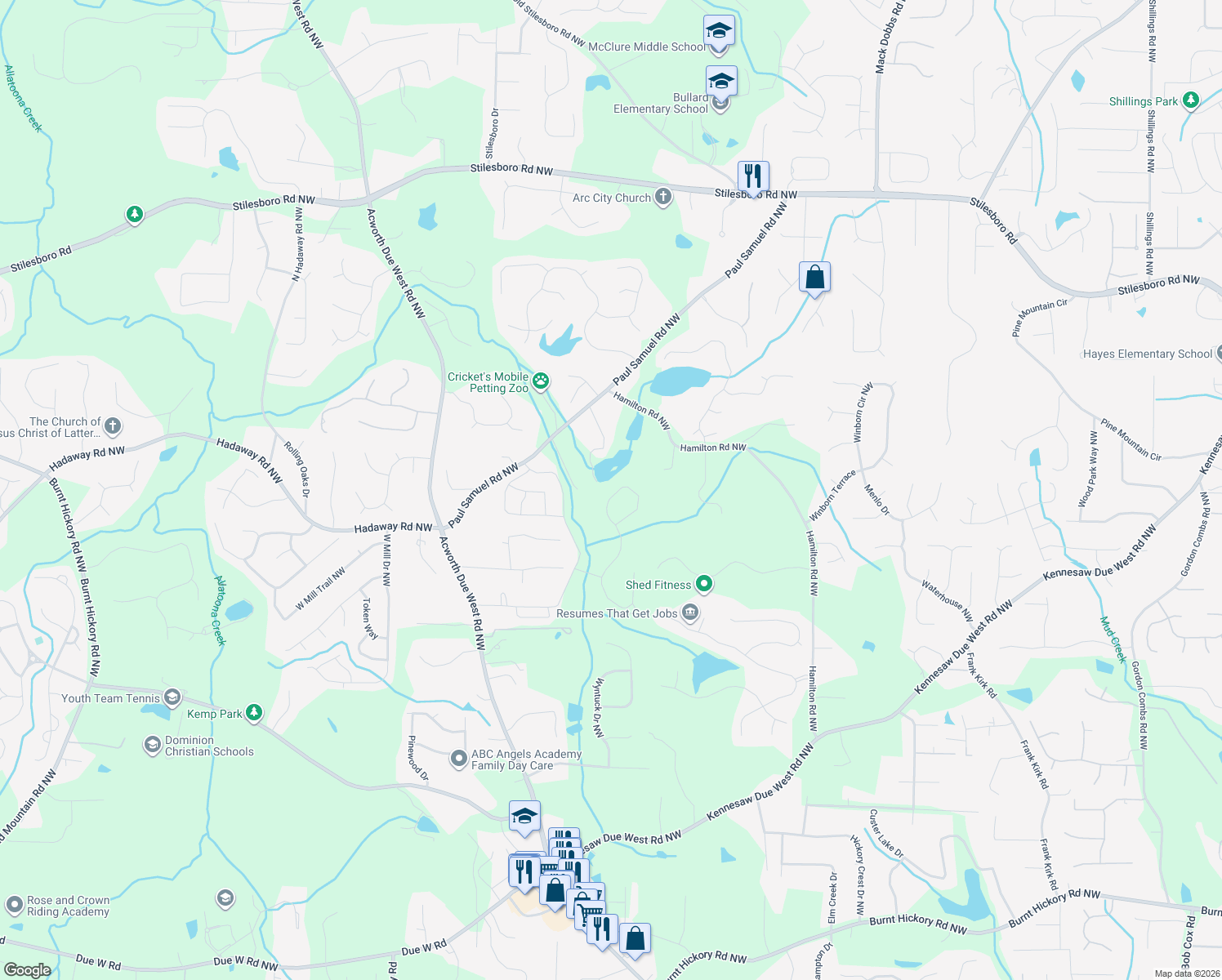 map of restaurants, bars, coffee shops, grocery stores, and more near 3949 Paul Samuel Road Northwest in Kennesaw