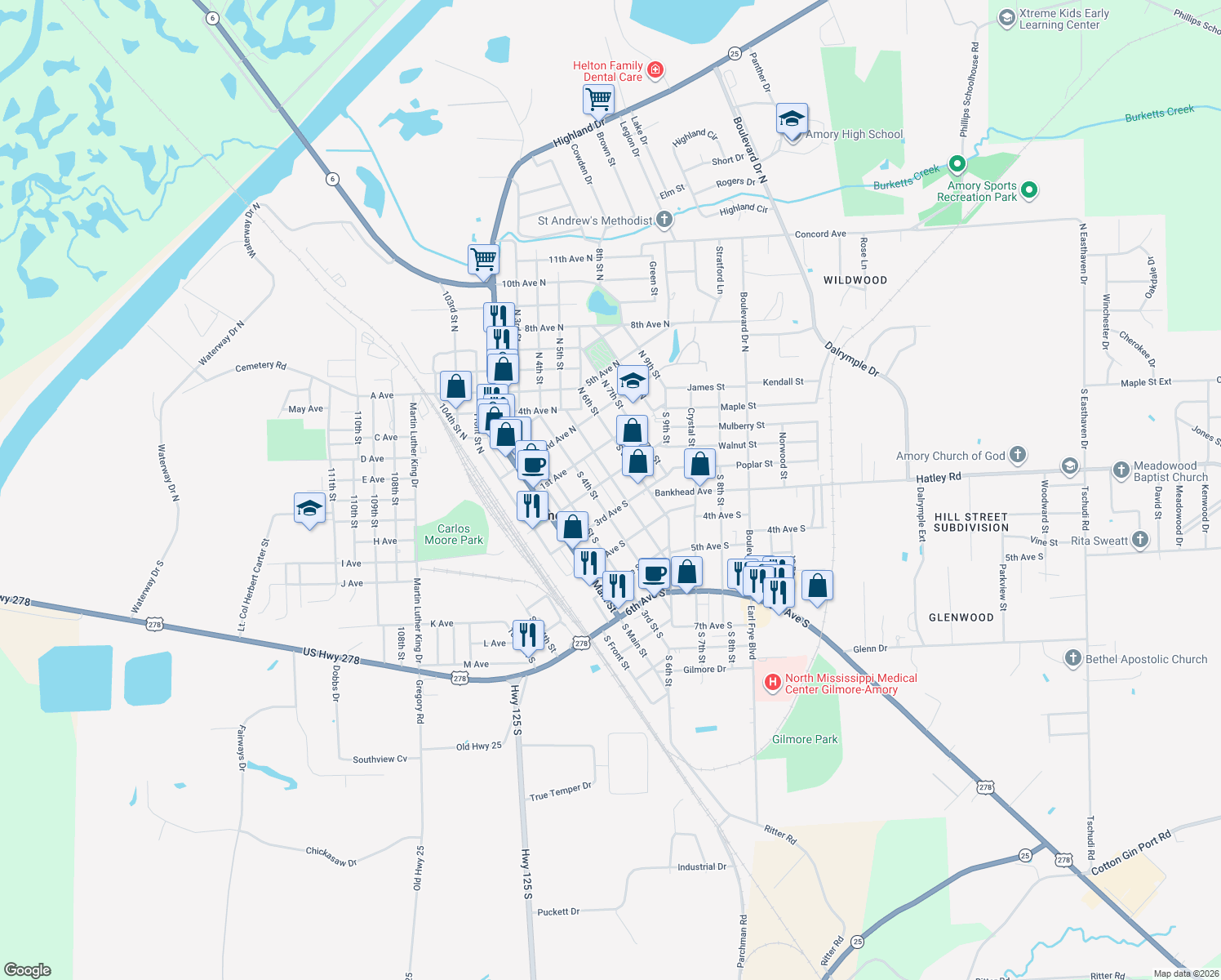 map of restaurants, bars, coffee shops, grocery stores, and more near 204 5th Street South in Amory