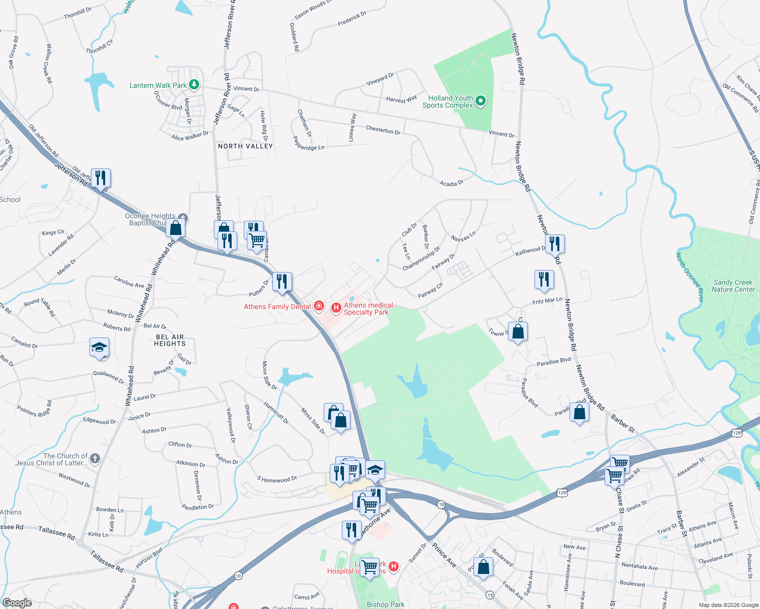 map of restaurants, bars, coffee shops, grocery stores, and more near 101 Kathwood Drive in Athens