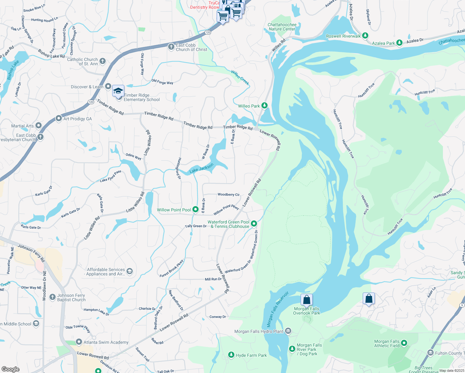 map of restaurants, bars, coffee shops, grocery stores, and more near 1544 East Bank Drive in Marietta