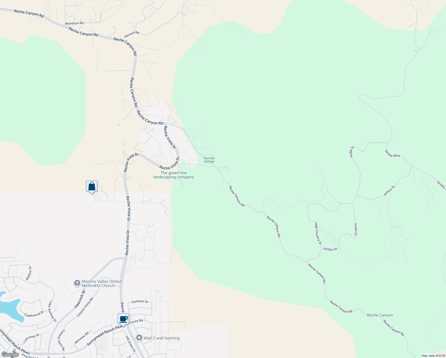map of restaurants, bars, coffee shops, grocery stores, and more near 2119 Reche Canyon Road in Colton