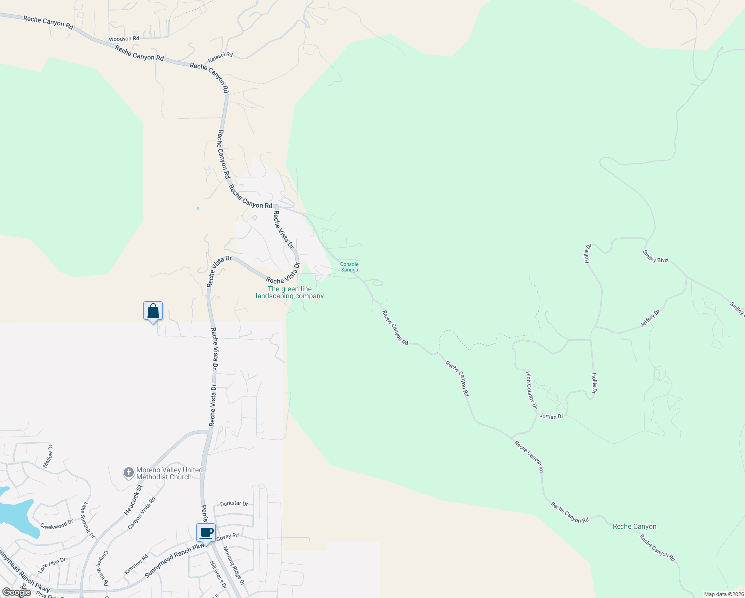 map of restaurants, bars, coffee shops, grocery stores, and more near 2119 Reche Canyon Road in Colton