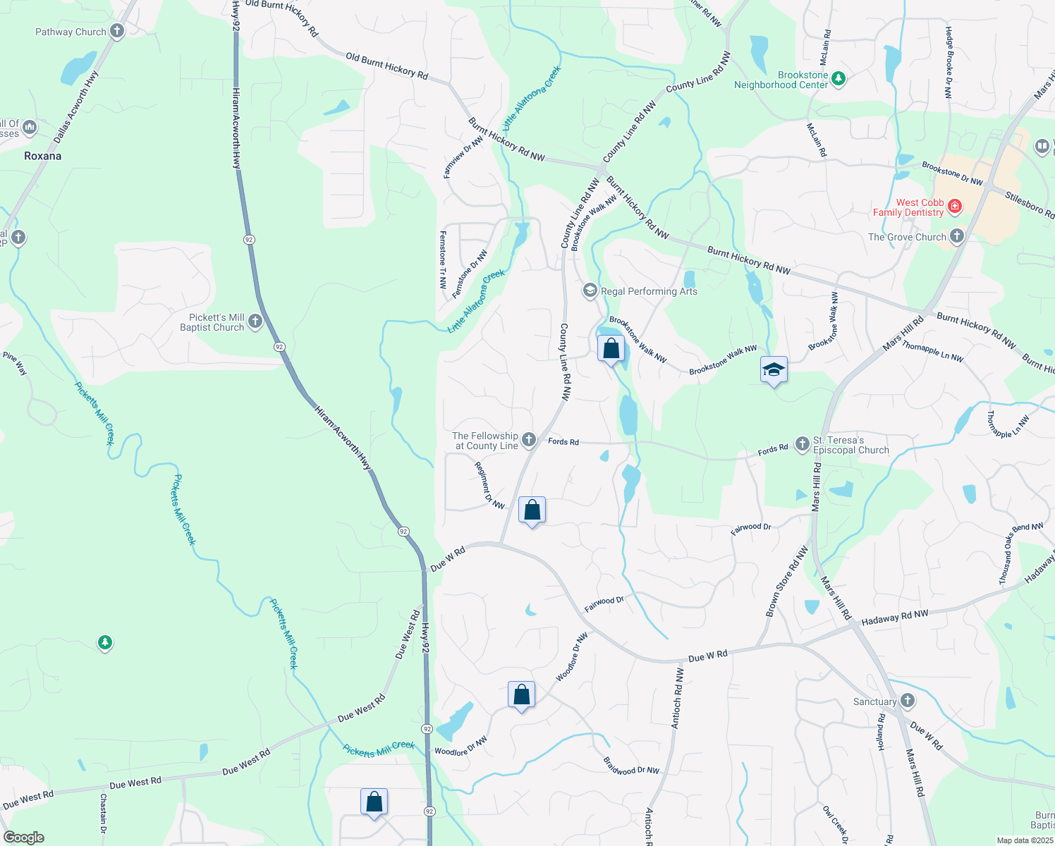 map of restaurants, bars, coffee shops, grocery stores, and more near 6207 Benbrooke Drive Northwest in Acworth