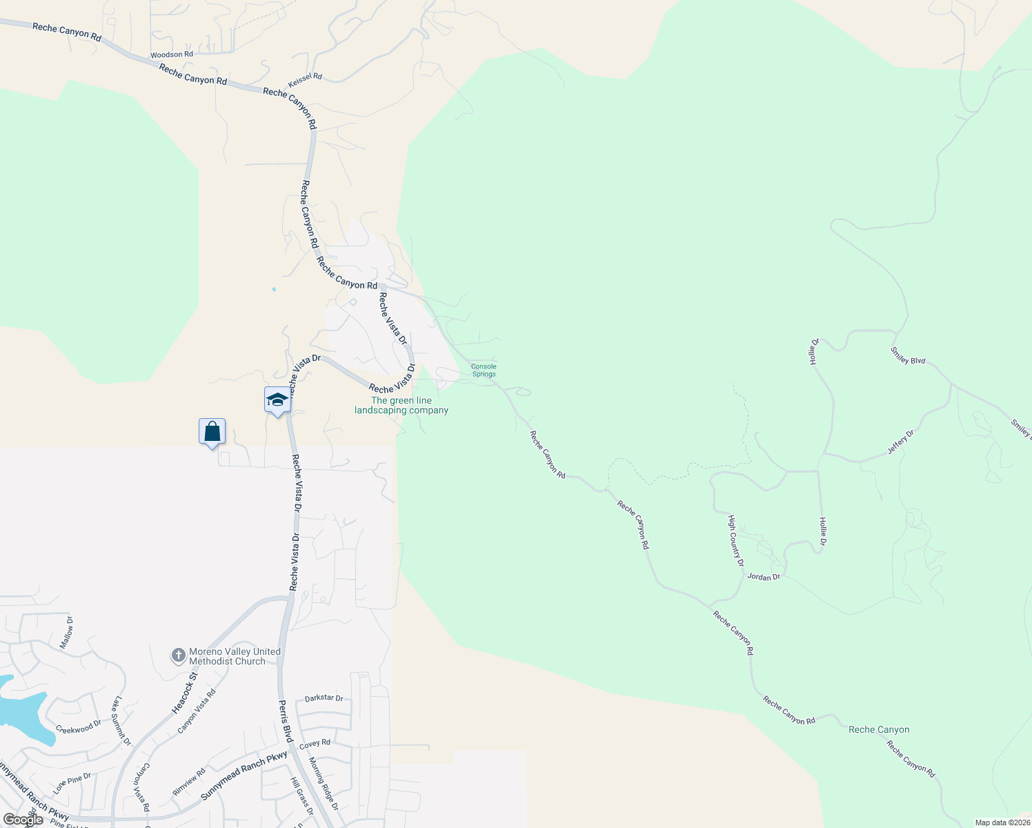 map of restaurants, bars, coffee shops, grocery stores, and more near 2119 Reche Canyon Road in Colton