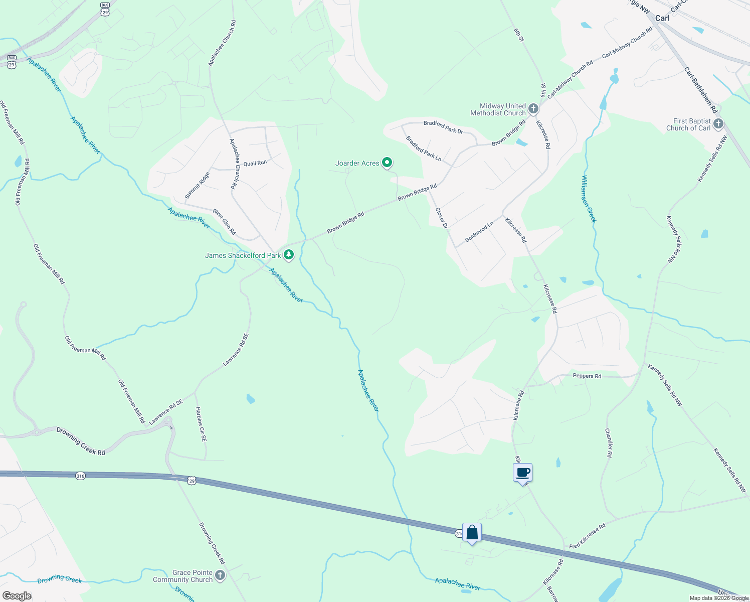 map of restaurants, bars, coffee shops, grocery stores, and more near 569 Apalachee Ridge Road in Auburn