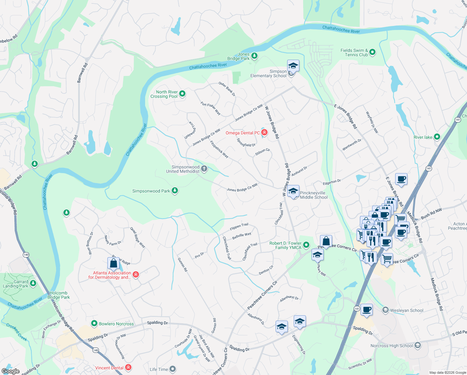 map of restaurants, bars, coffee shops, grocery stores, and more near 4284 Shawn Ct in Norcross