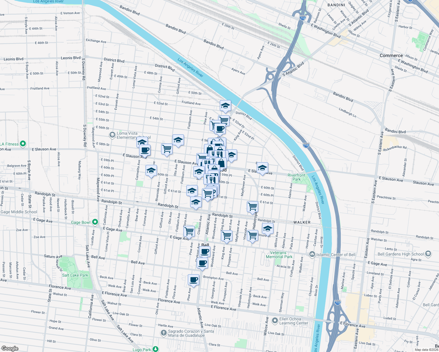 map of restaurants, bars, coffee shops, grocery stores, and more near 4520 East 59th Place in Maywood
