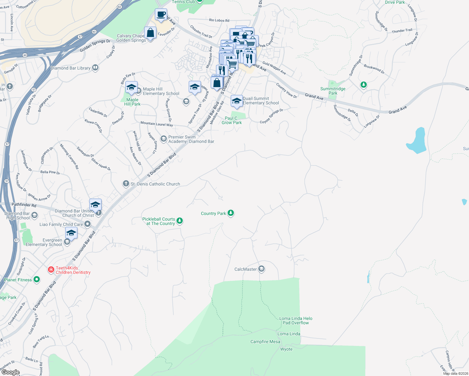 map of restaurants, bars, coffee shops, grocery stores, and more near in Diamond Bar
