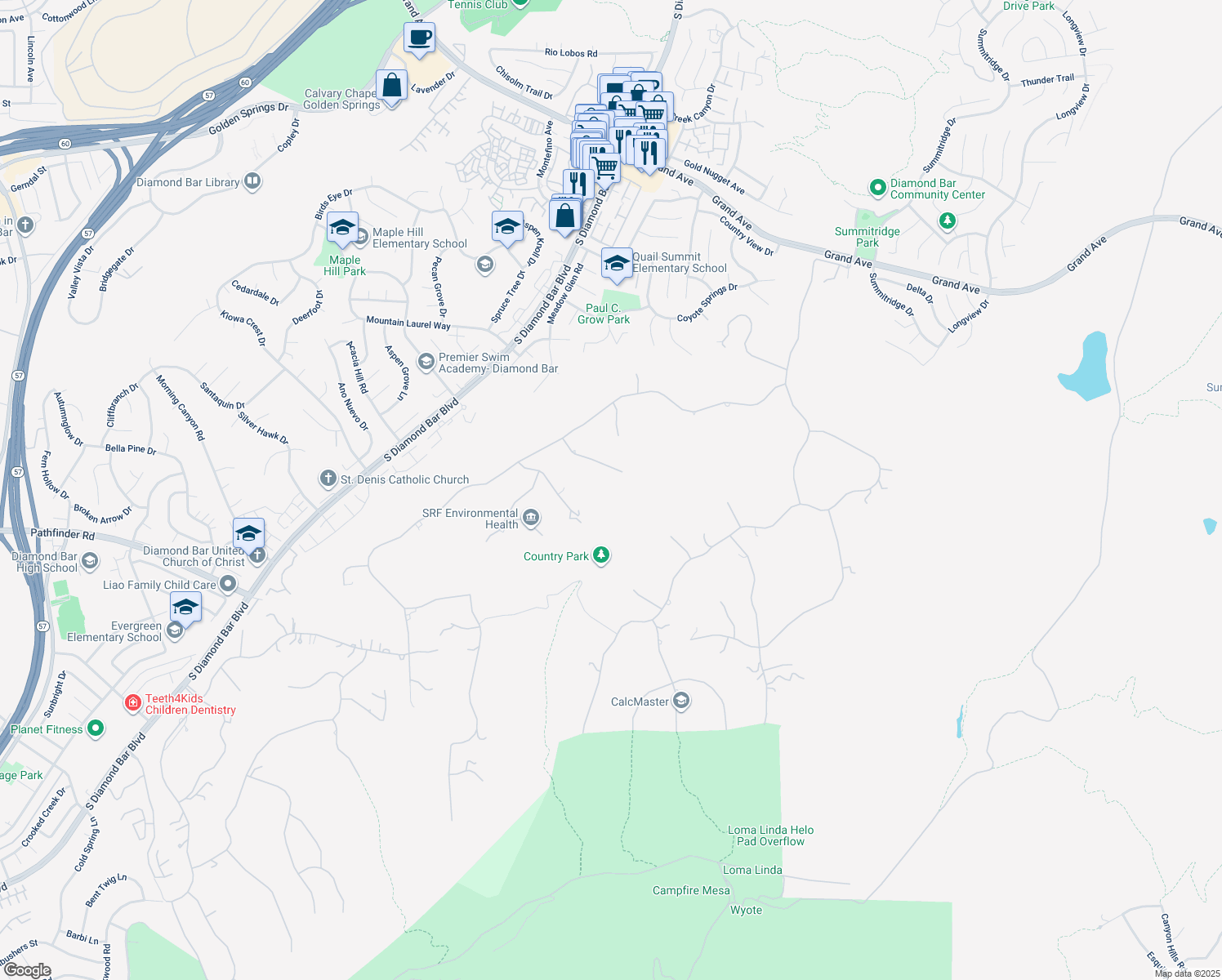 map of restaurants, bars, coffee shops, grocery stores, and more near 2141 Rusty Spur Road in Diamond Bar