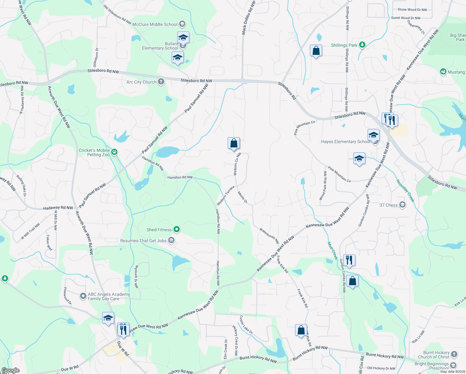 map of restaurants, bars, coffee shops, grocery stores, and more near 1218 Winborn Terrace in Kennesaw