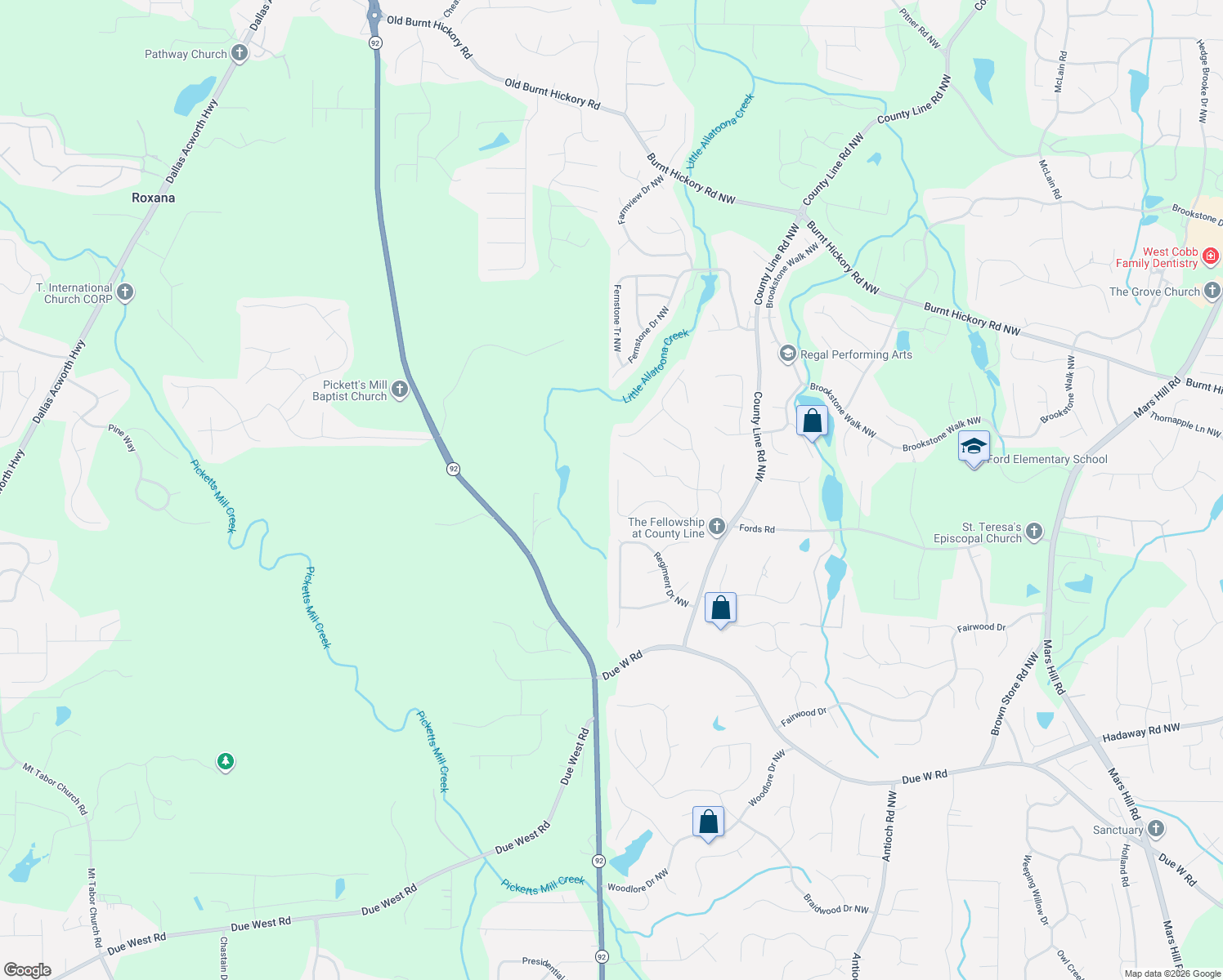 map of restaurants, bars, coffee shops, grocery stores, and more near 1302 Benbrooke Lane in Acworth