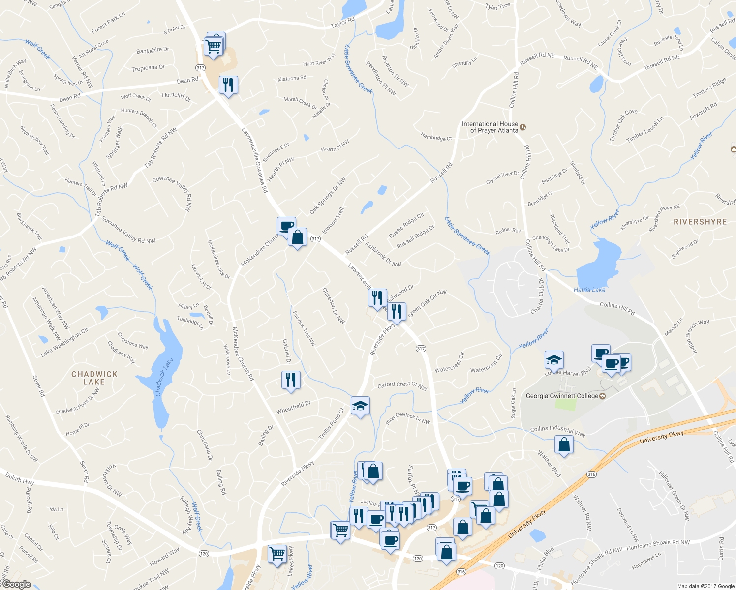map of restaurants, bars, coffee shops, grocery stores, and more near 1452 Lawrenceville-Suwanee Road in Lawrenceville
