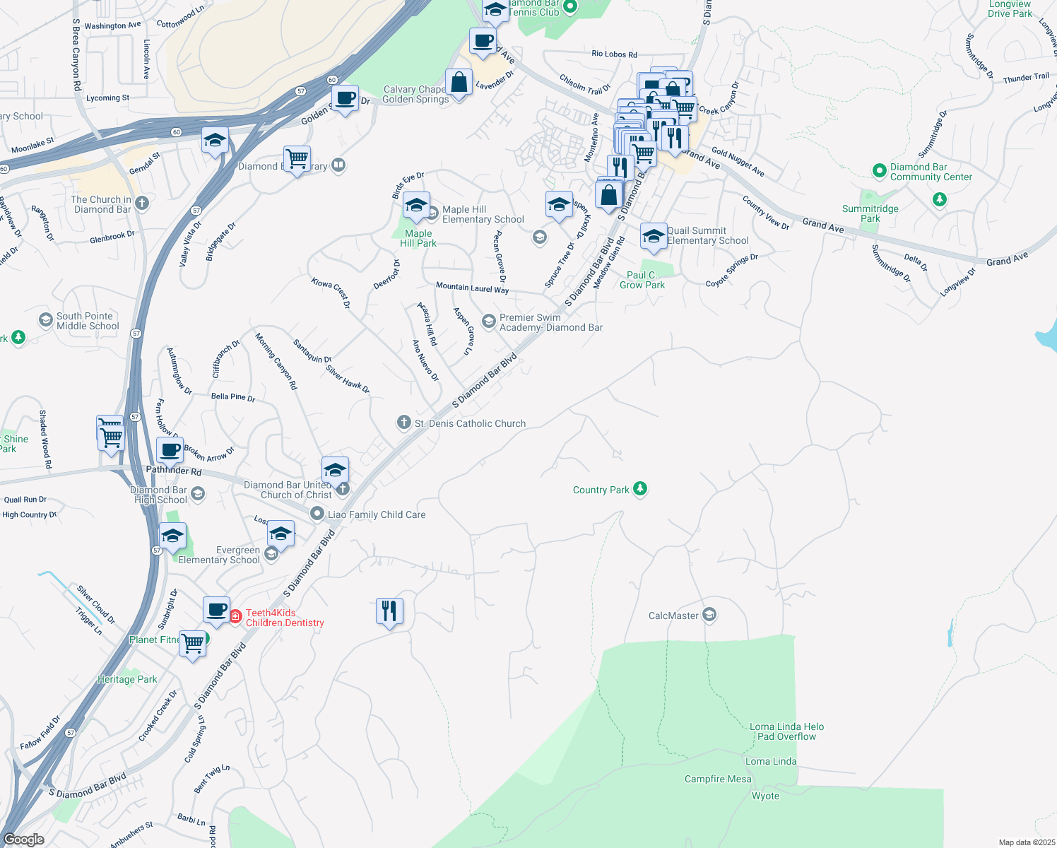 map of restaurants, bars, coffee shops, grocery stores, and more near 22821 Ridge Line Road in Diamond Bar