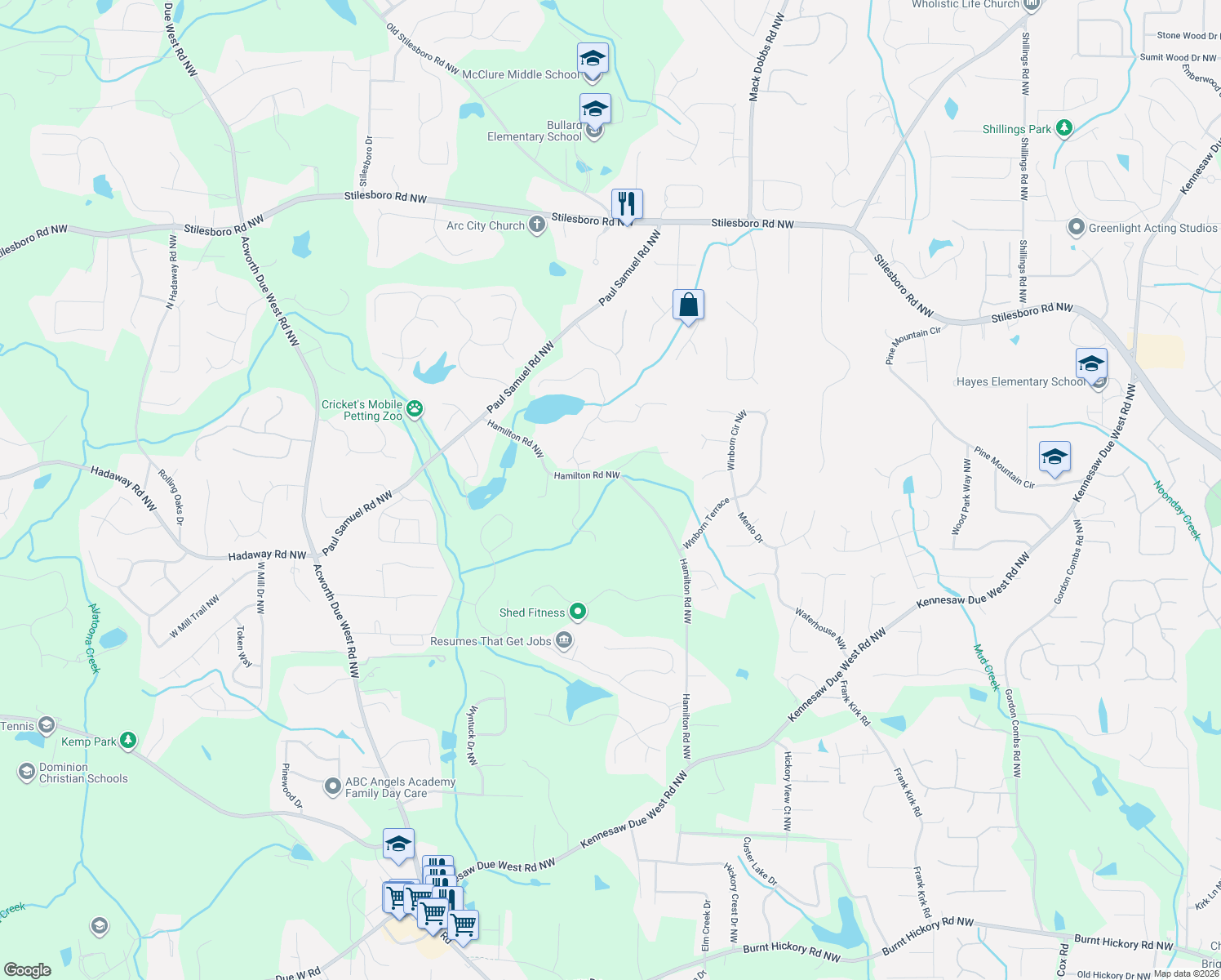 map of restaurants, bars, coffee shops, grocery stores, and more near 1301 Hamilton Rd NW in Kennesaw
