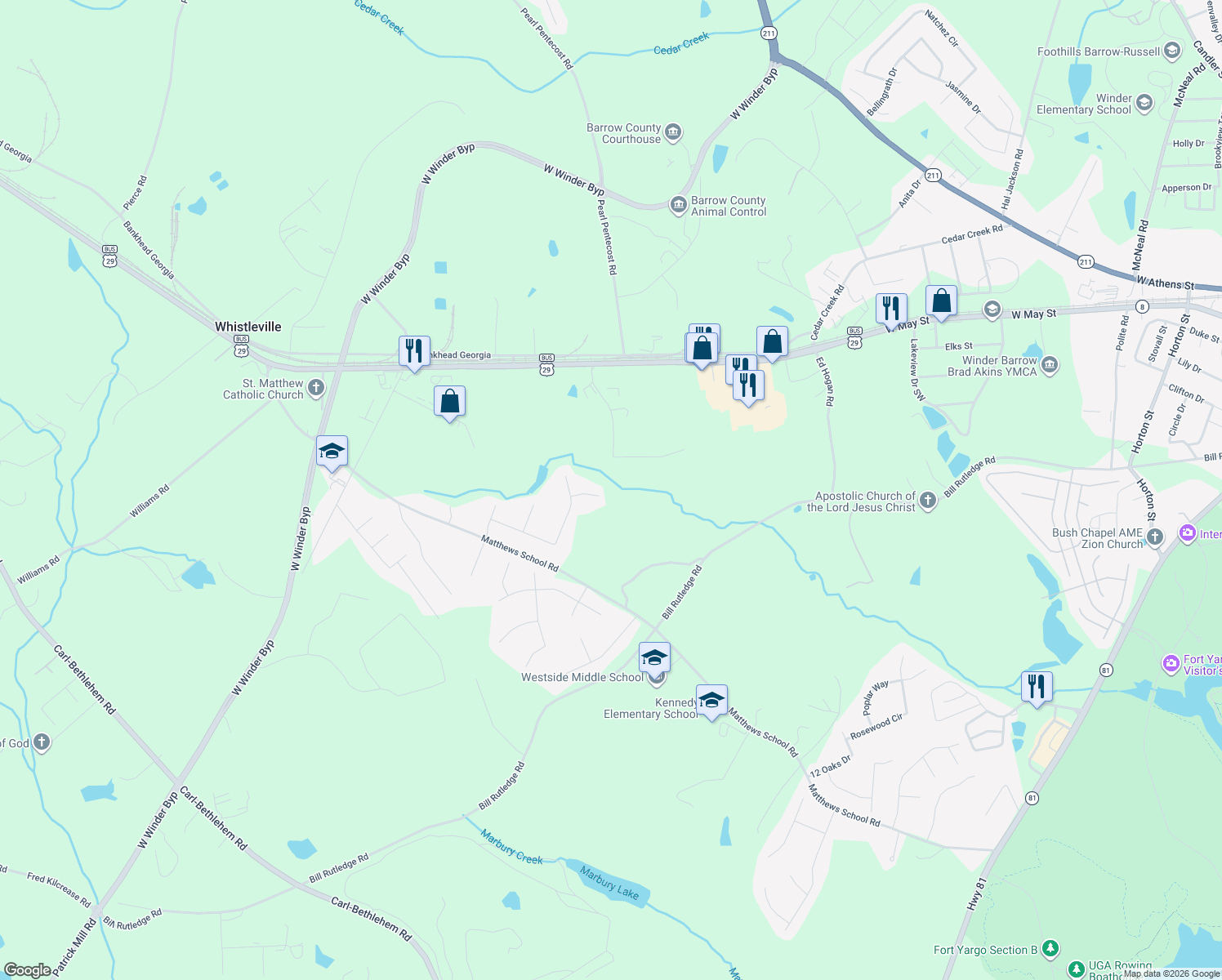 map of restaurants, bars, coffee shops, grocery stores, and more near 312 Devonshire Drive in Winder
