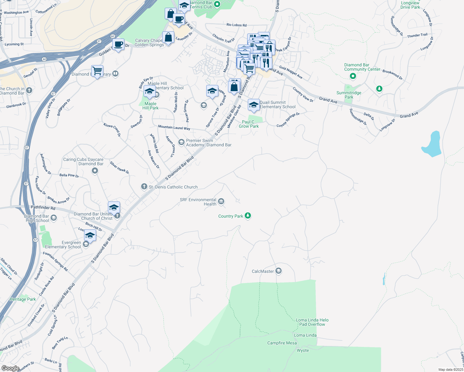 map of restaurants, bars, coffee shops, grocery stores, and more near 2112 Rocky View Road in Diamond Bar