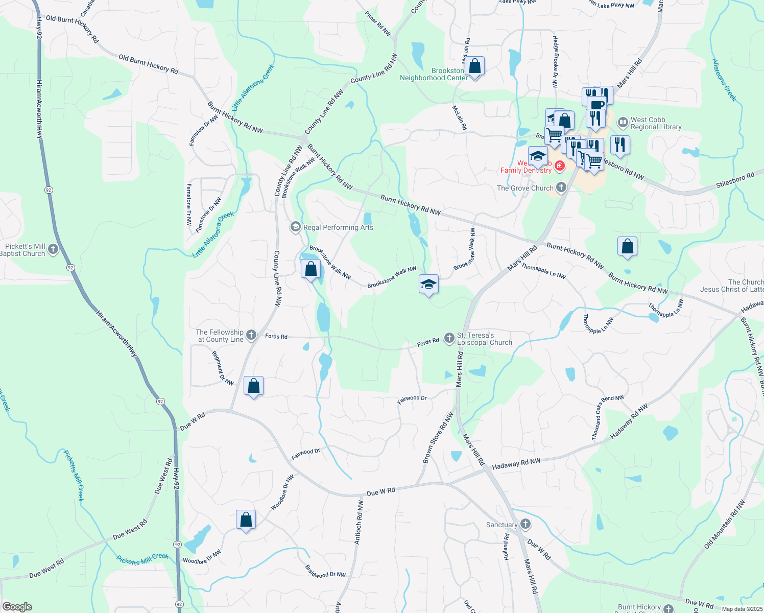 map of restaurants, bars, coffee shops, grocery stores, and more near 1294 Red Rock Road Northwest in Acworth