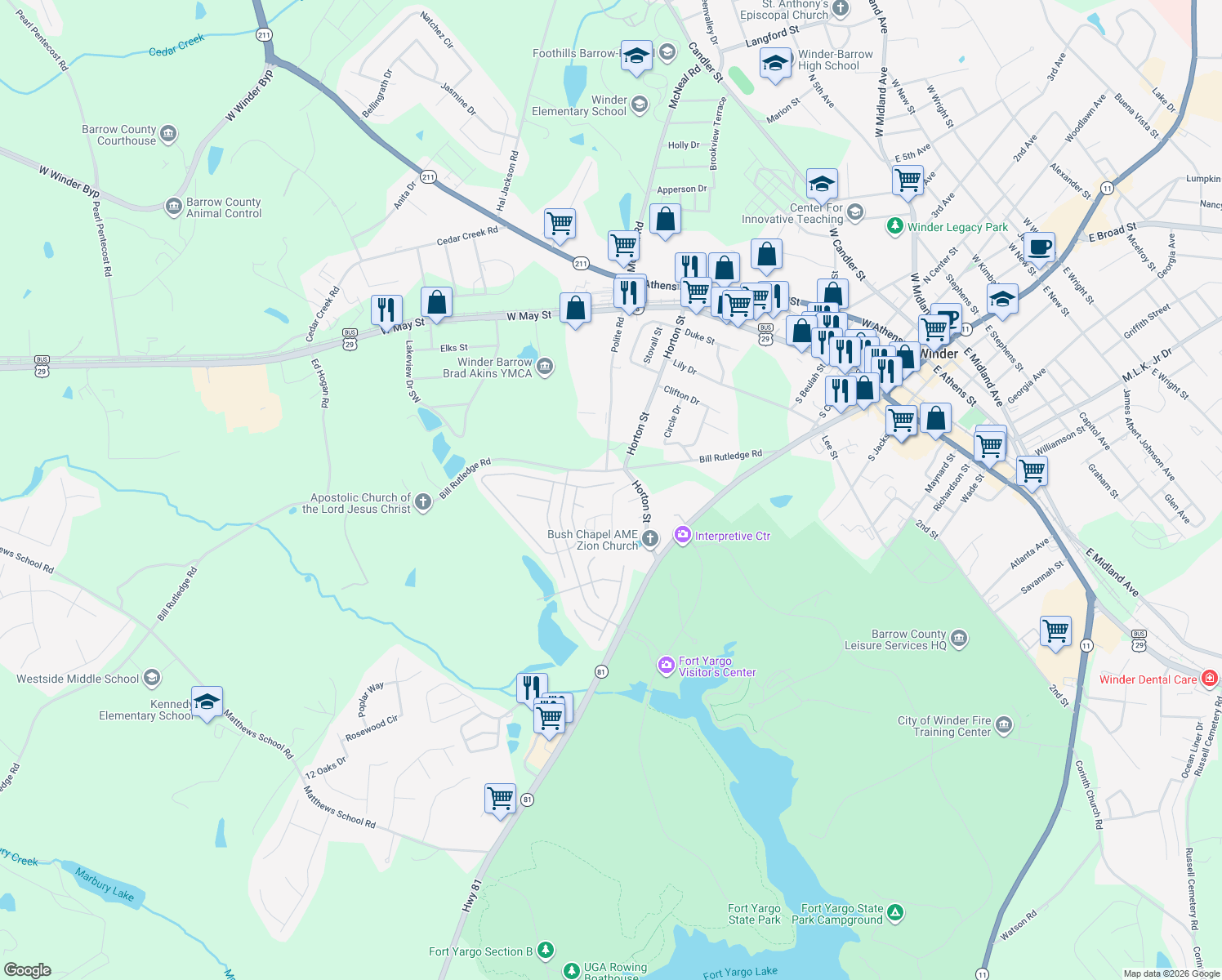 map of restaurants, bars, coffee shops, grocery stores, and more near 2002 Massey Lane in Winder