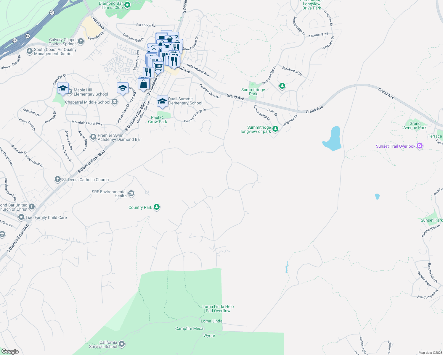 map of restaurants, bars, coffee shops, grocery stores, and more near 2137 Derringer Lane in Diamond Bar
