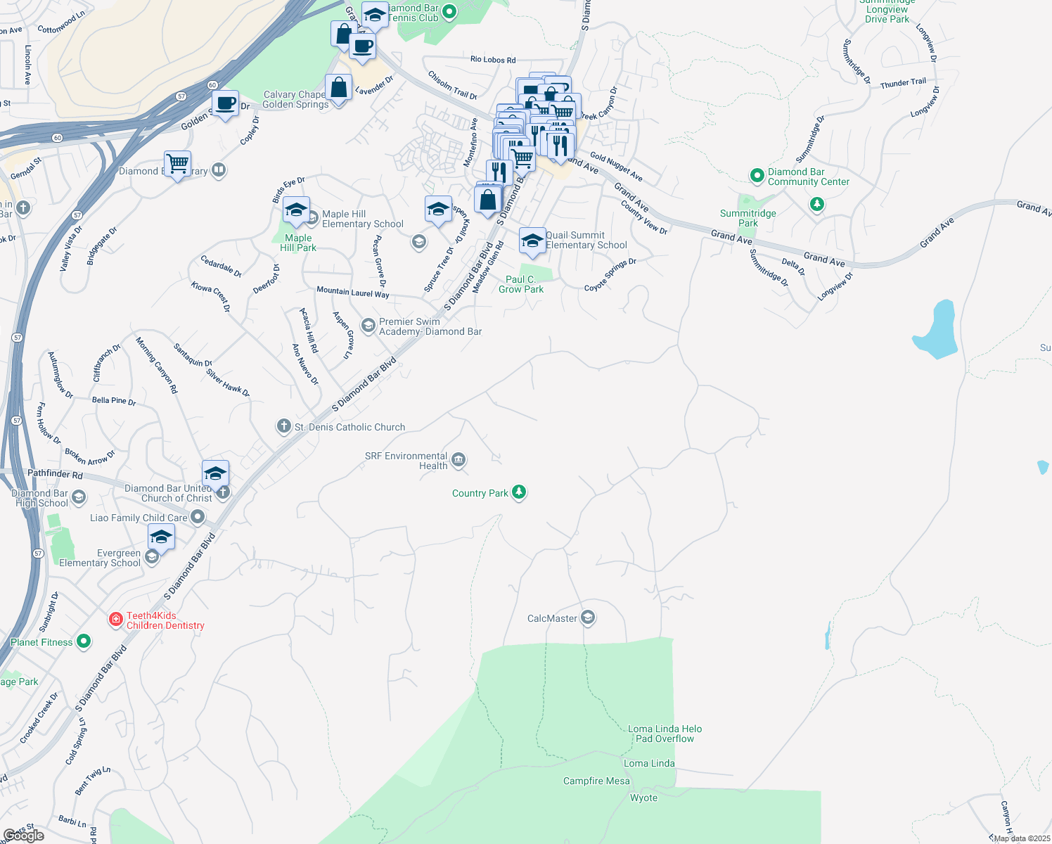 map of restaurants, bars, coffee shops, grocery stores, and more near 2141 Rusty Spur Road in Diamond Bar