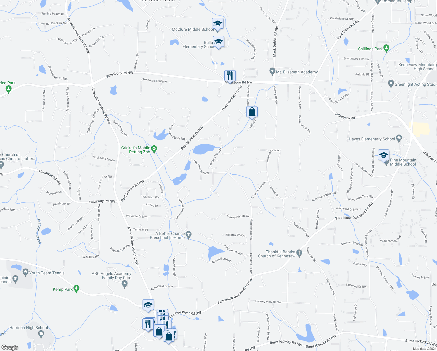 map of restaurants, bars, coffee shops, grocery stores, and more near 1229 Hamilton Road Northwest in Kennesaw