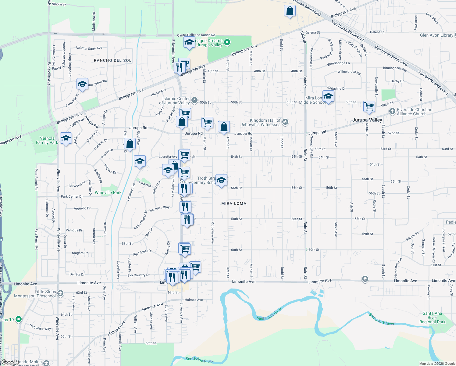 map of restaurants, bars, coffee shops, grocery stores, and more near 5565 Troth Street in Jurupa Valley