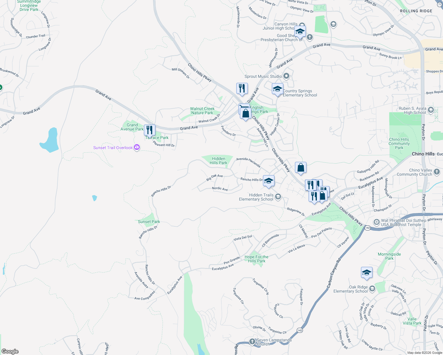 map of restaurants, bars, coffee shops, grocery stores, and more near 14640 Deep Creek Court in Chino Hills