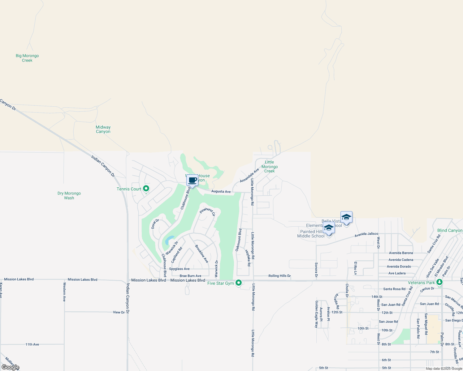 map of restaurants, bars, coffee shops, grocery stores, and more near 8521 Annandale Avenue in Desert Hot Springs