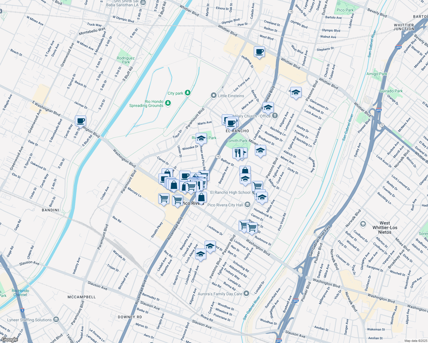 map of restaurants, bars, coffee shops, grocery stores, and more near 6426 Rosemead Boulevard in Pico Rivera