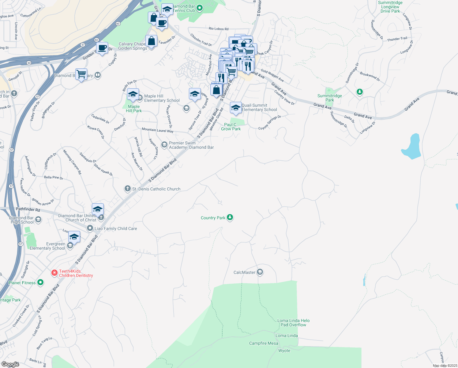 map of restaurants, bars, coffee shops, grocery stores, and more near 2109 Rusty Spur Road in Diamond Bar
