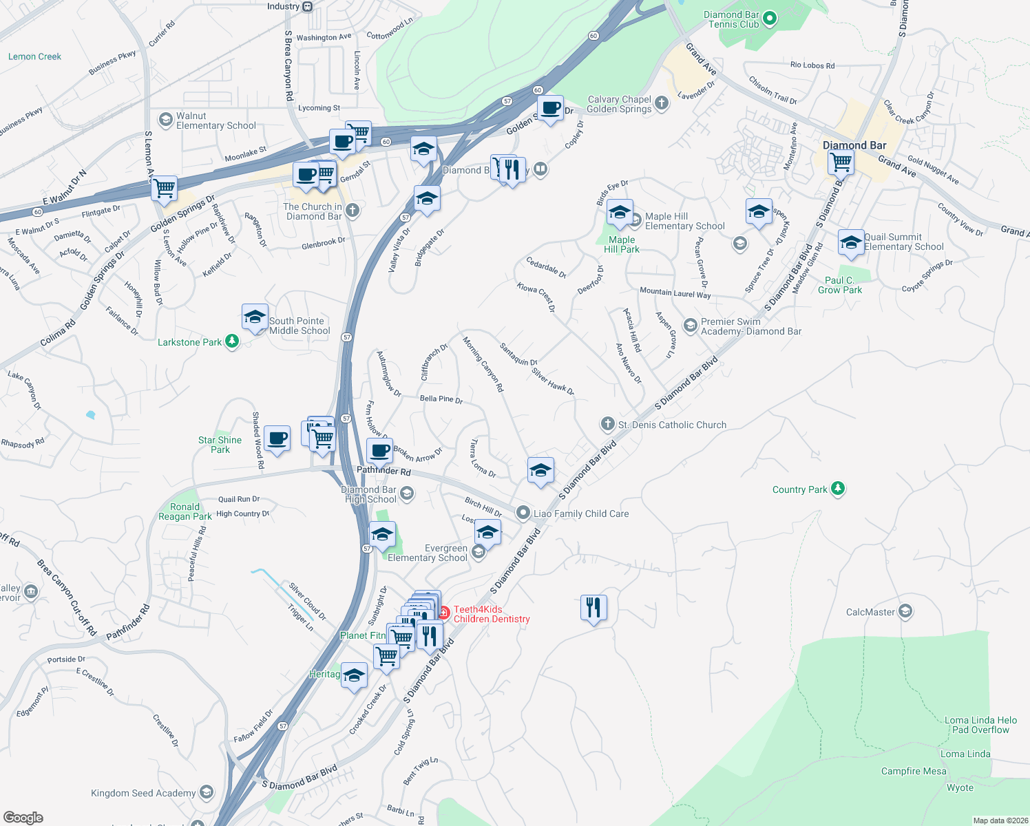 map of restaurants, bars, coffee shops, grocery stores, and more near 1866 Morning Canyon Road in Diamond Bar