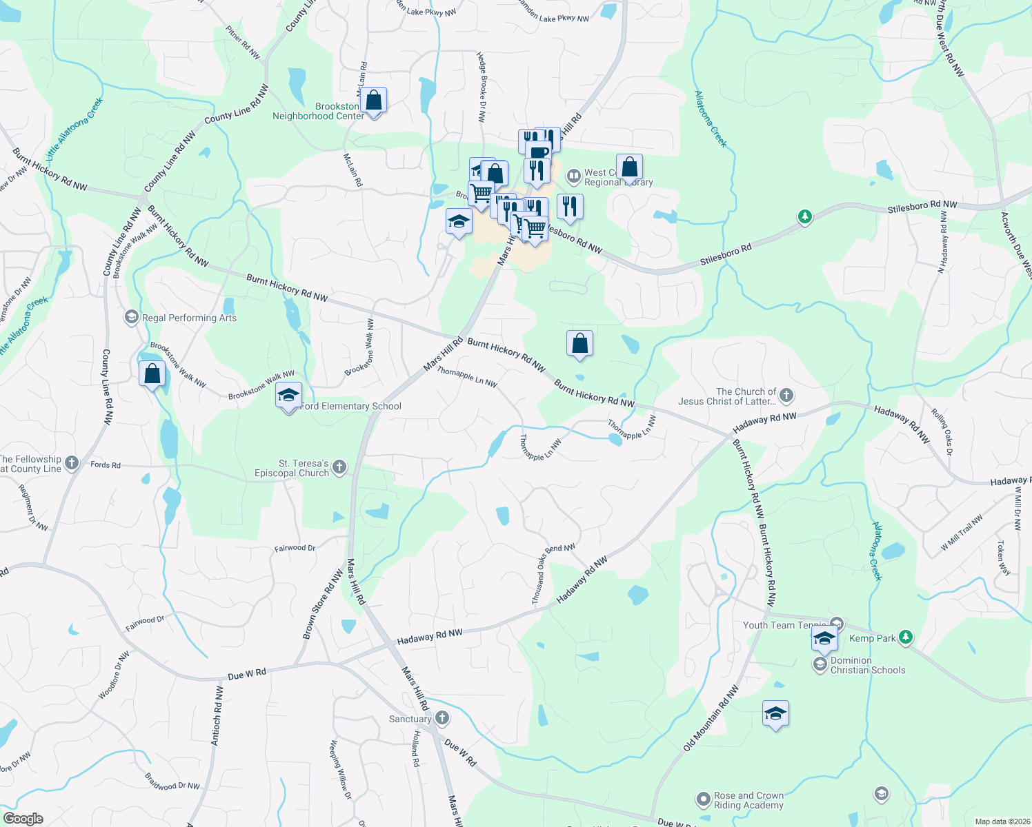 map of restaurants, bars, coffee shops, grocery stores, and more near 5400 Thornapple Ln NW in Acworth