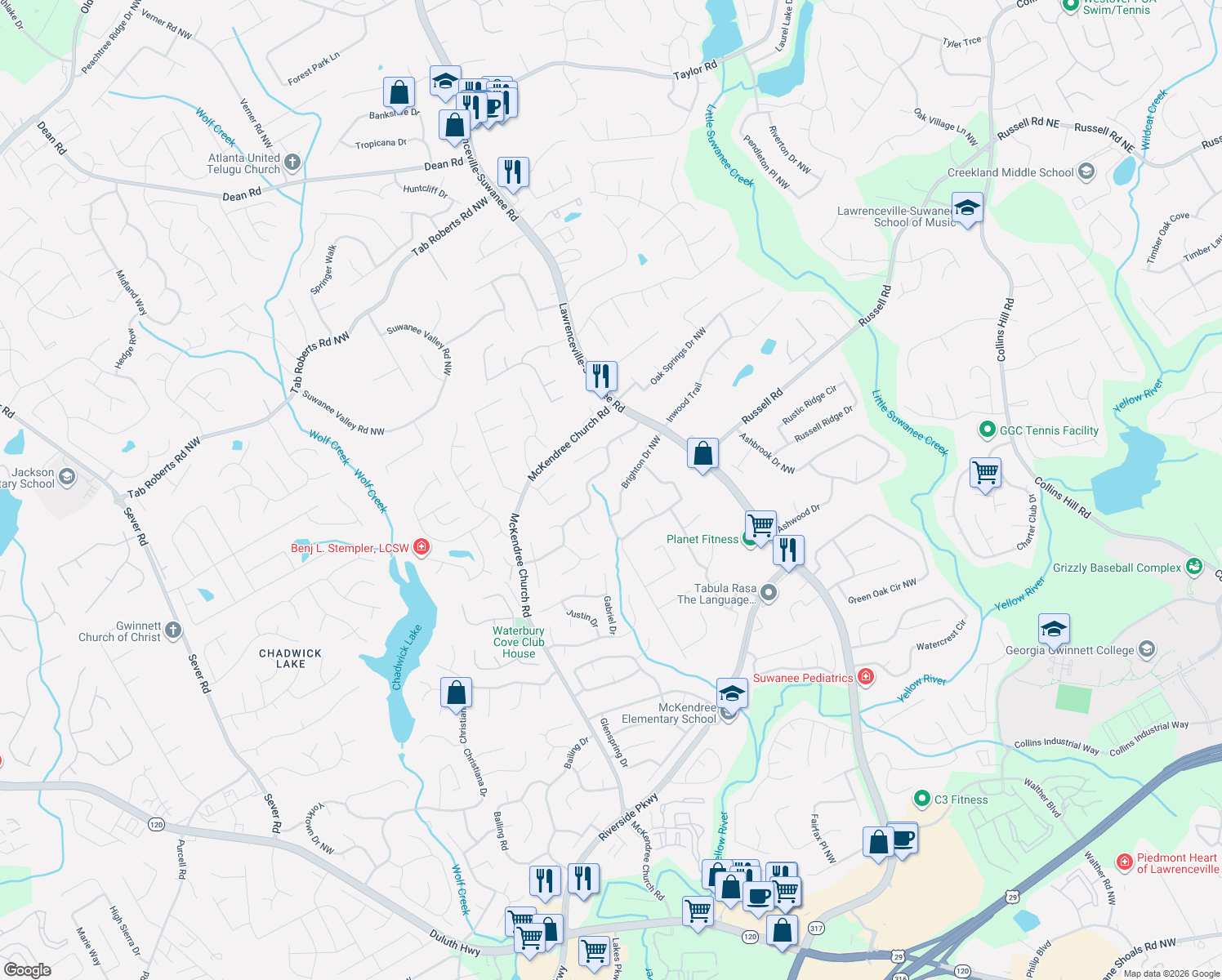 map of restaurants, bars, coffee shops, grocery stores, and more near 711 Brighton Drive Northwest in Lawrenceville