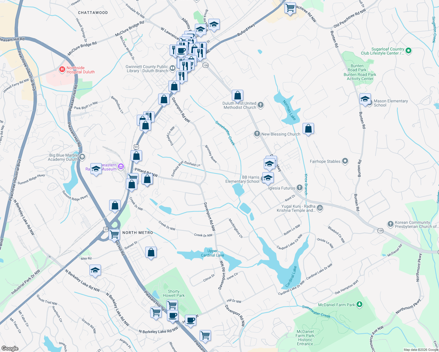 map of restaurants, bars, coffee shops, grocery stores, and more near 3066 Nelson Drive Northwest in Duluth
