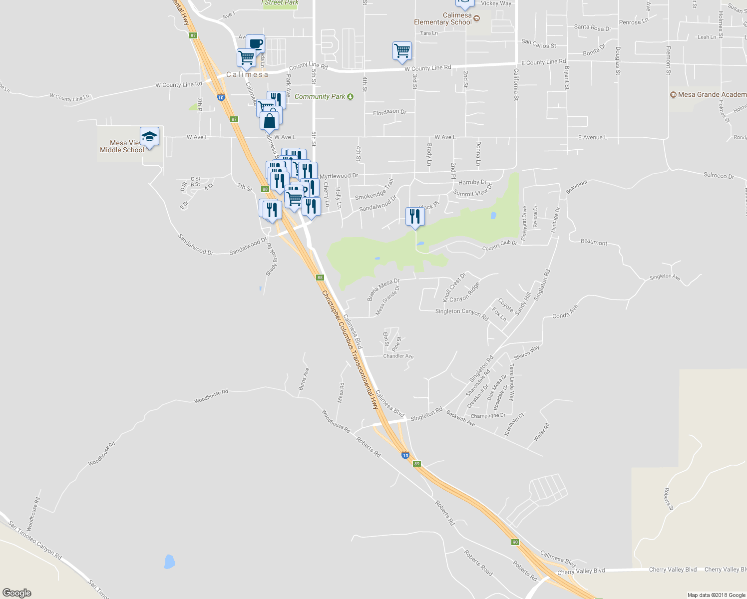 map of restaurants, bars, coffee shops, grocery stores, and more near 34951 Buena Mesa Drive in Calimesa