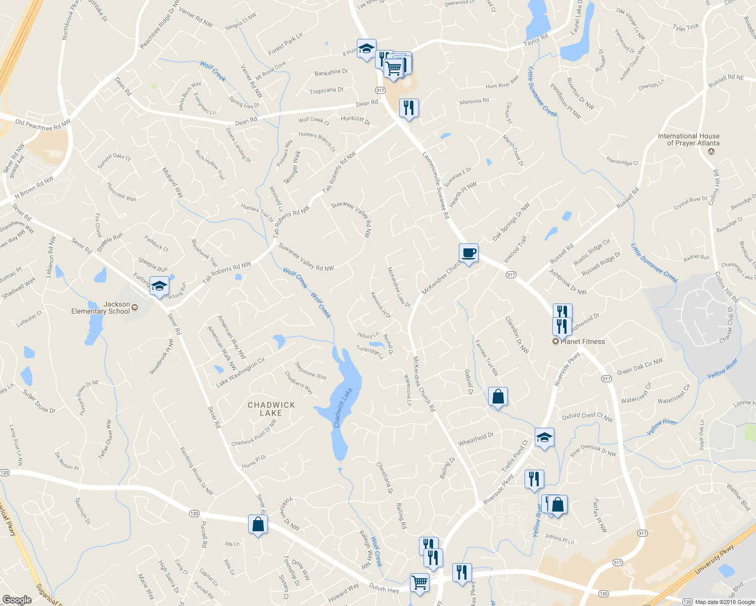 map of restaurants, bars, coffee shops, grocery stores, and more near Keswick Place Drive in Lawrenceville