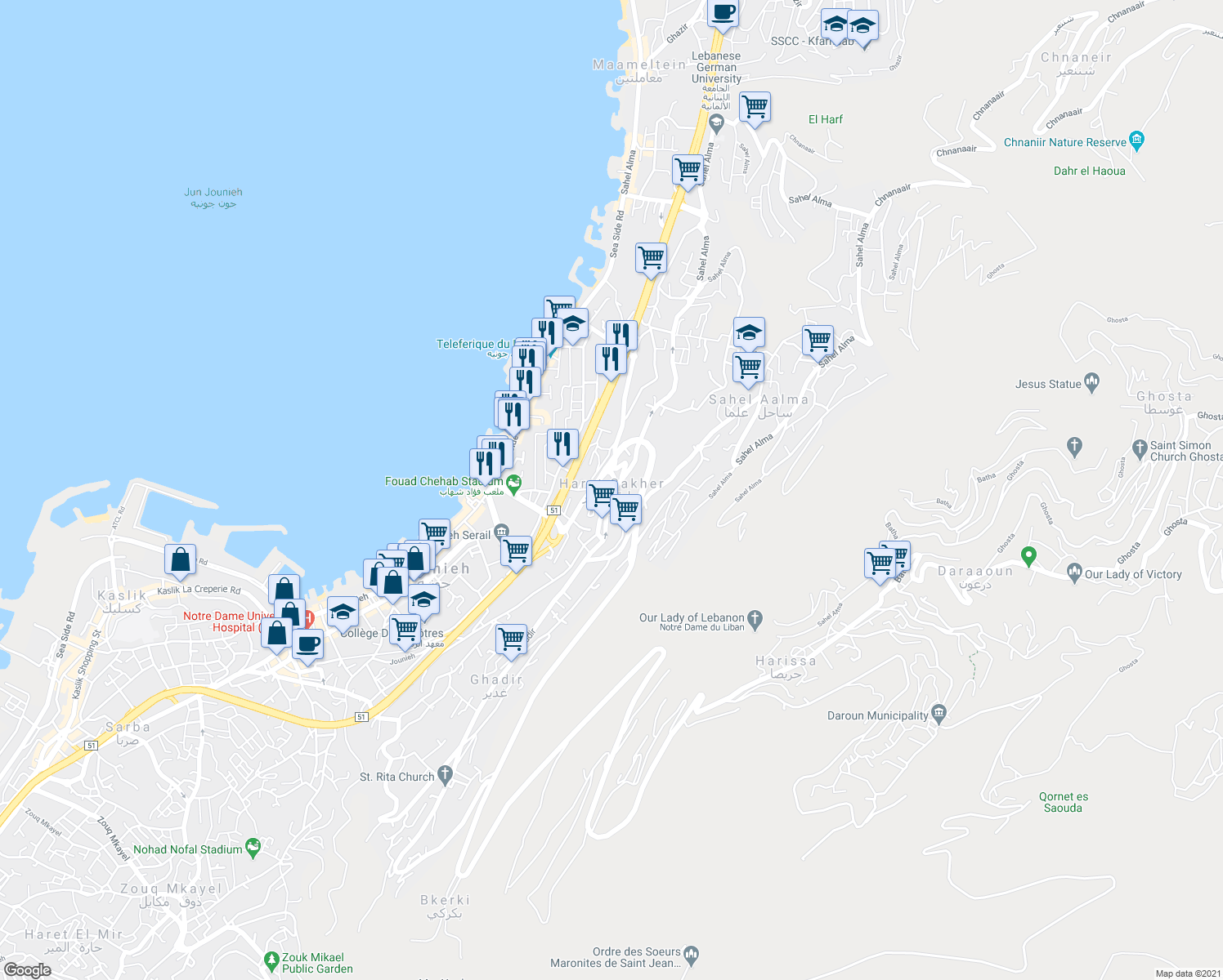map of restaurants, bars, coffee shops, grocery stores, and more near in Haret Sakher