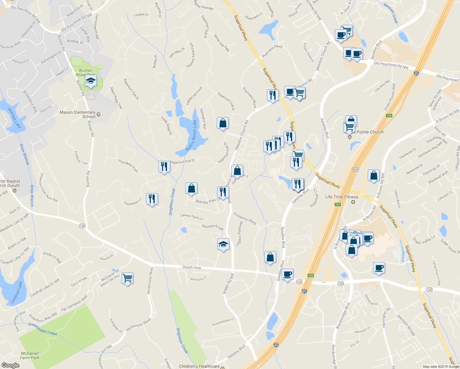 map of restaurants, bars, coffee shops, grocery stores, and more near 2622 Gadsen Walk Northwest in Duluth