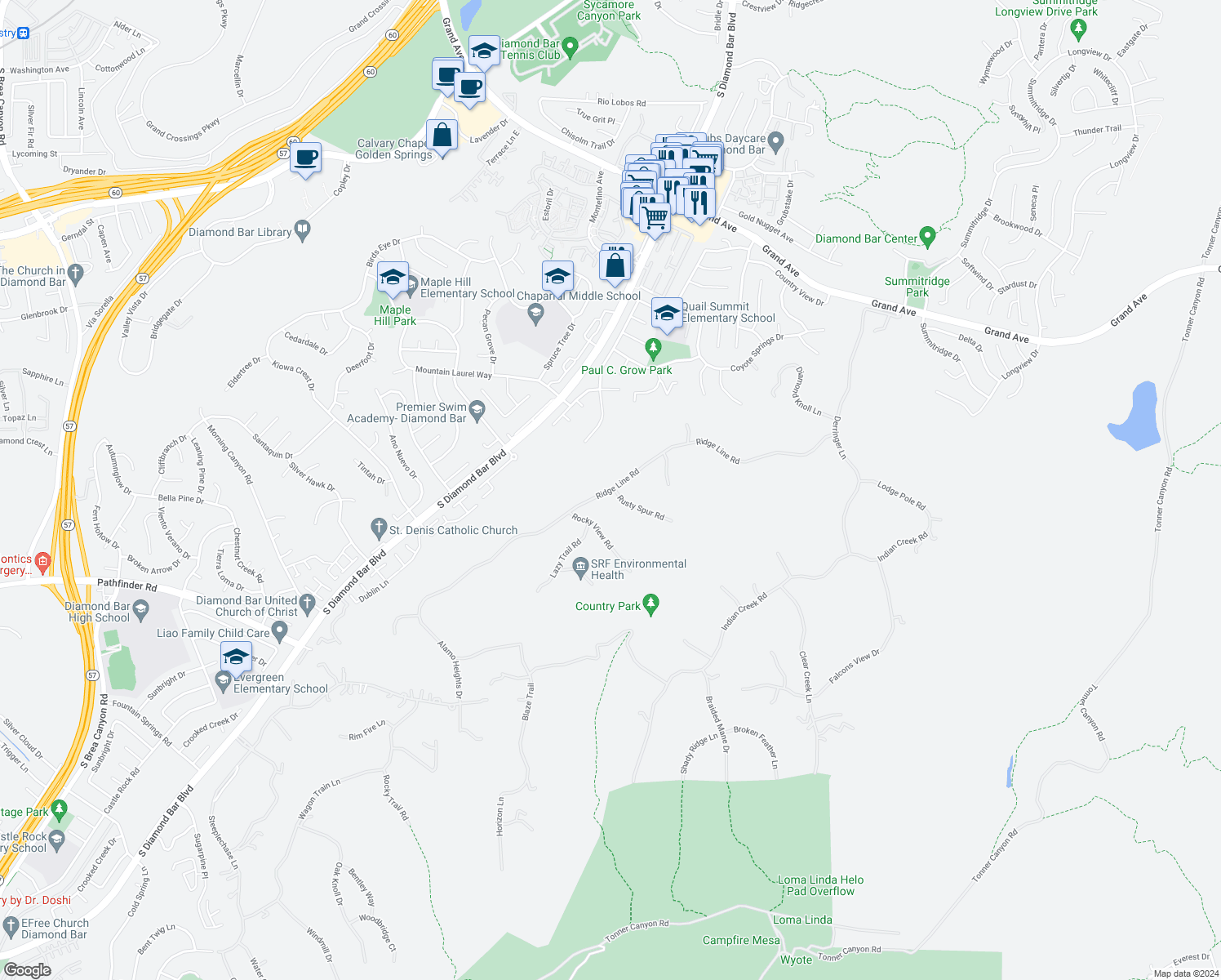map of restaurants, bars, coffee shops, grocery stores, and more near Ridge Line Road in Diamond Bar