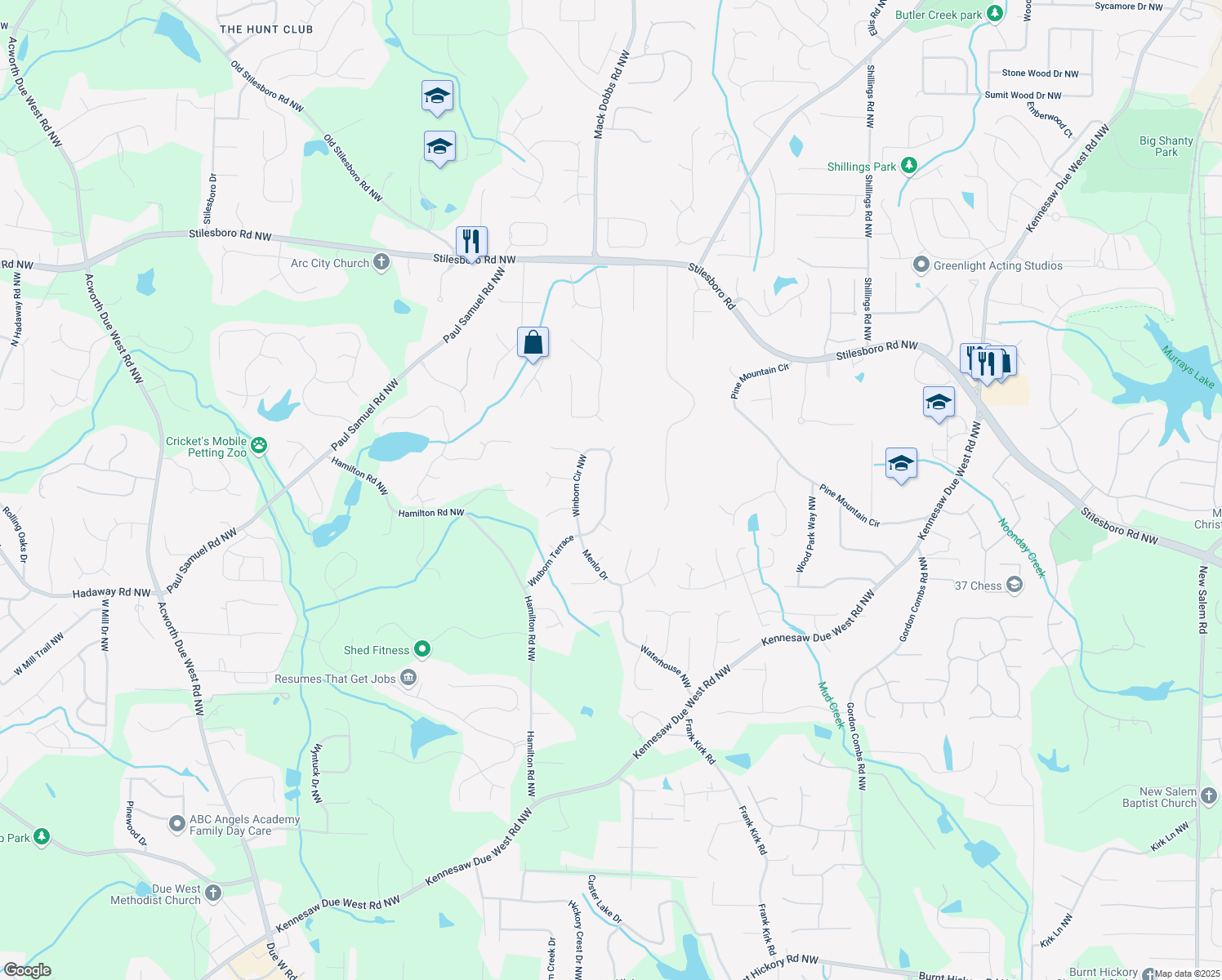 map of restaurants, bars, coffee shops, grocery stores, and more near 1342 Winborn Circle Northwest in Kennesaw