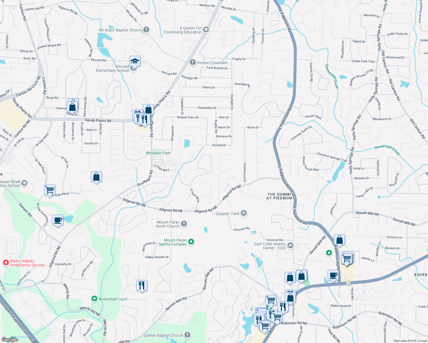 map of restaurants, bars, coffee shops, grocery stores, and more near 1584 Tappahannock Trail in Marietta