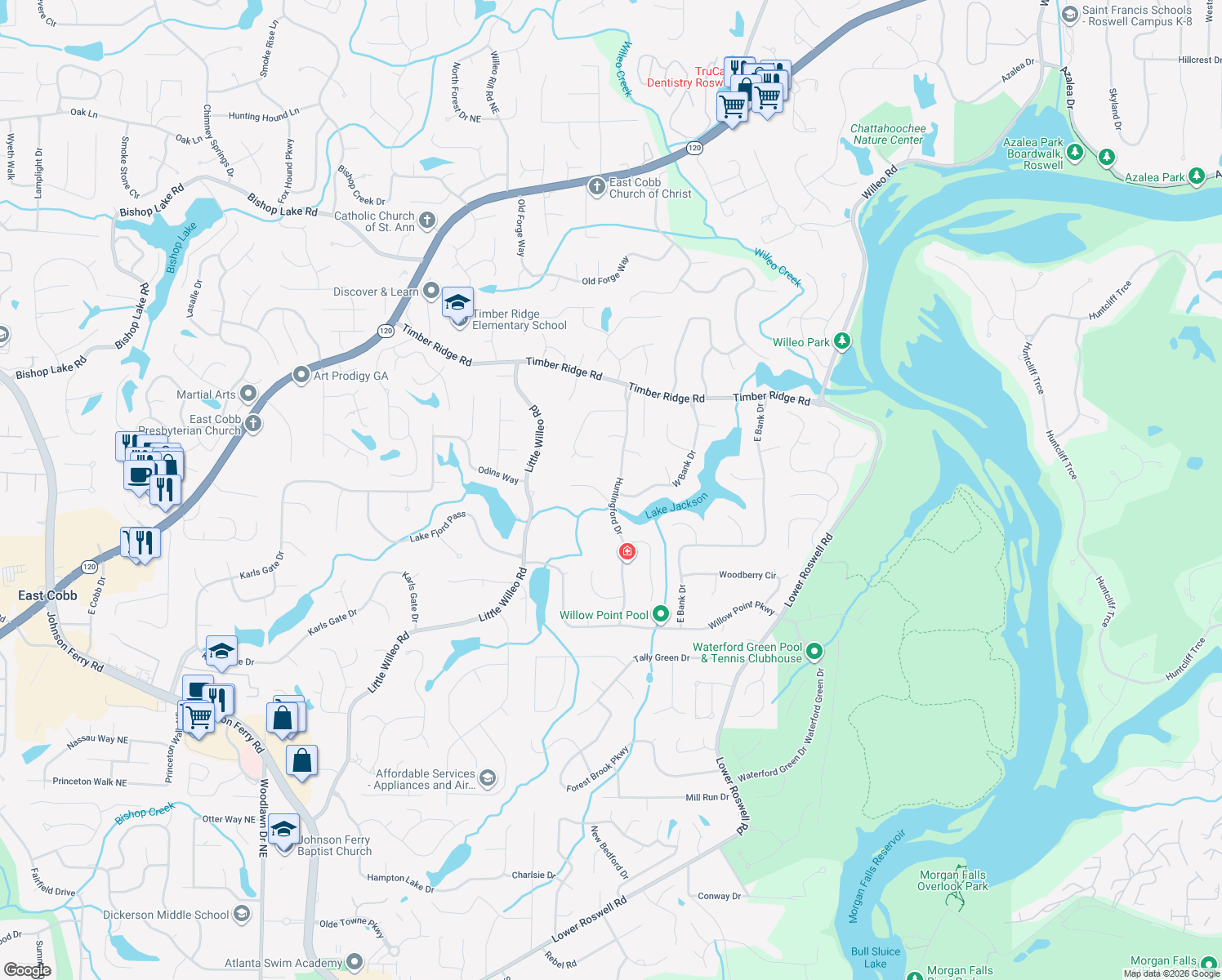 map of restaurants, bars, coffee shops, grocery stores, and more near 1643 Huntingford Dr in Marietta