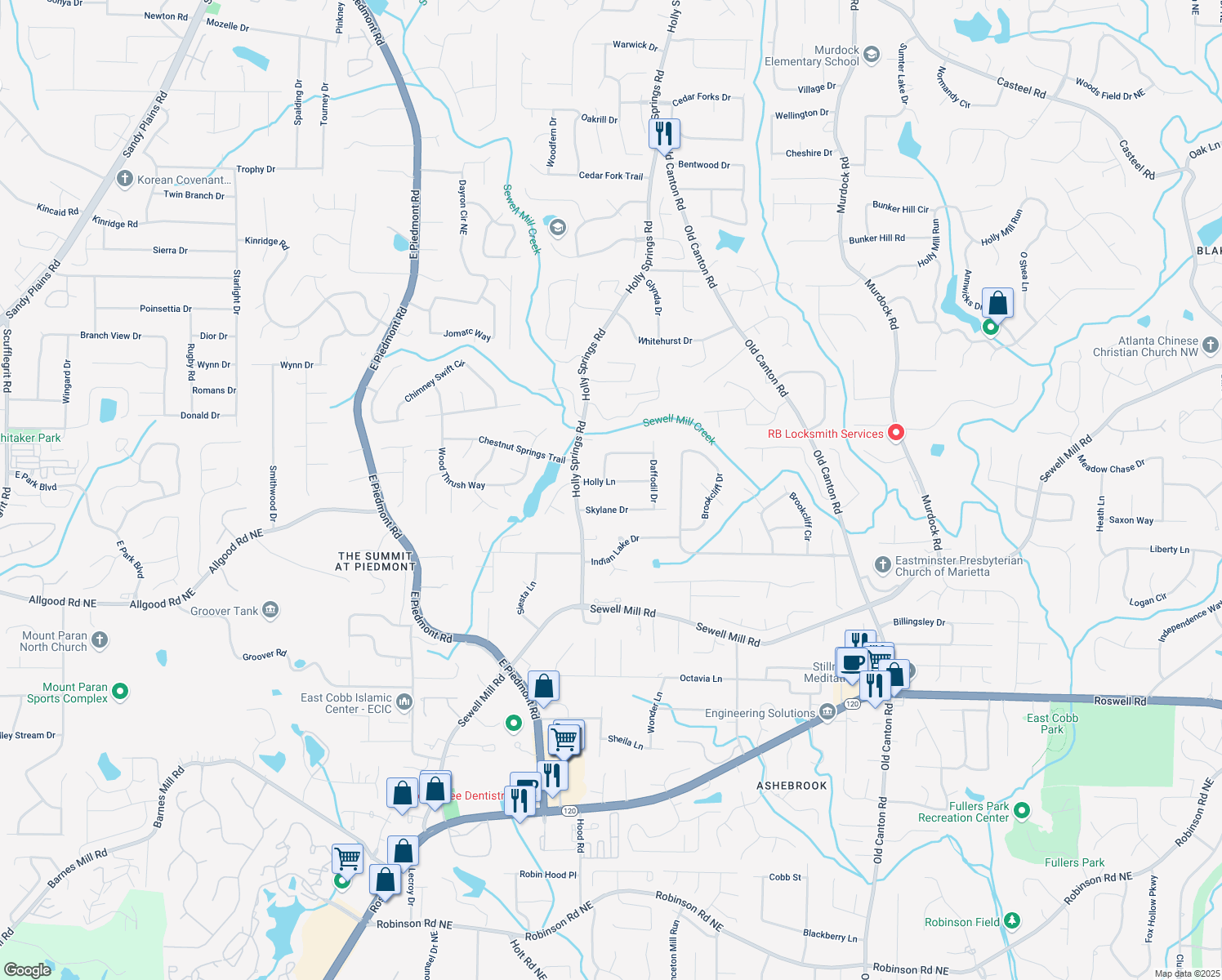 map of restaurants, bars, coffee shops, grocery stores, and more near 2602 Holly Lane in Marietta