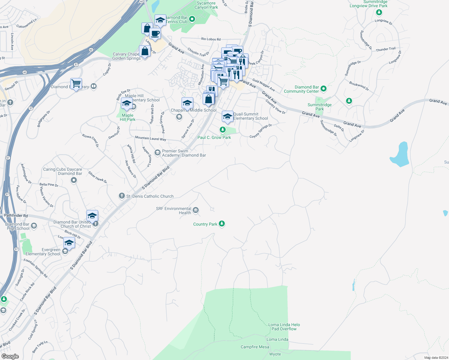 map of restaurants, bars, coffee shops, grocery stores, and more near 1941 Flint Rock Road in Diamond Bar