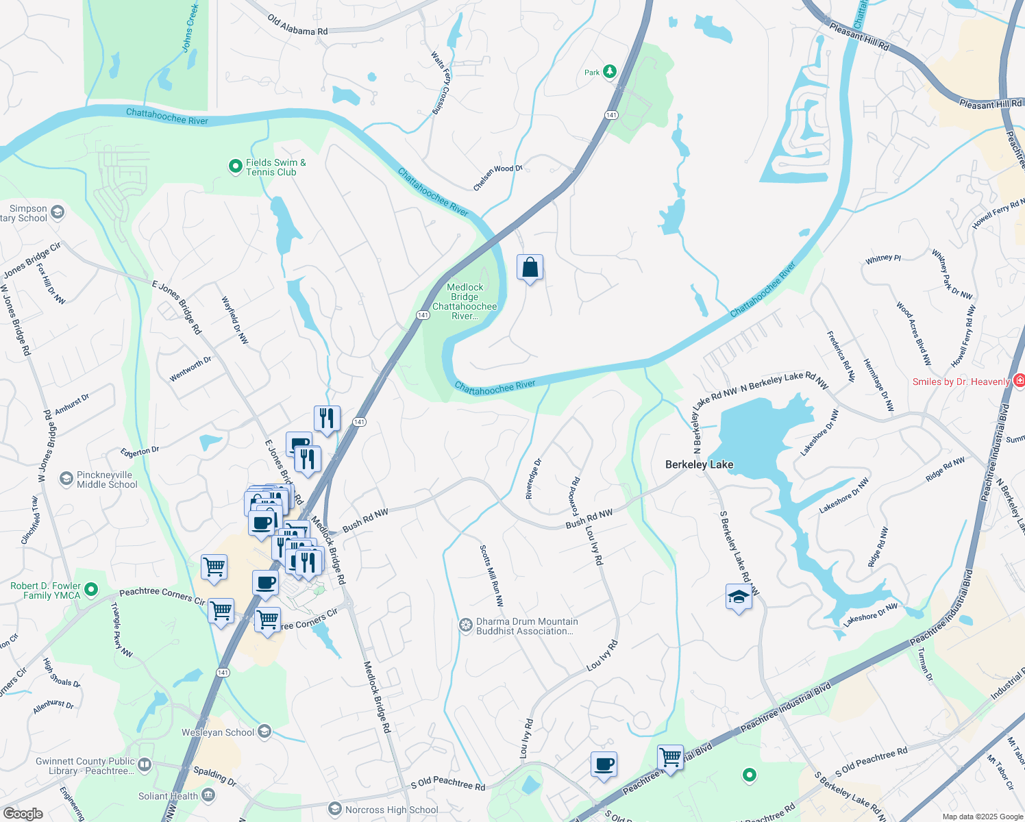 map of restaurants, bars, coffee shops, grocery stores, and more near 3845 River Hollow Run in Duluth